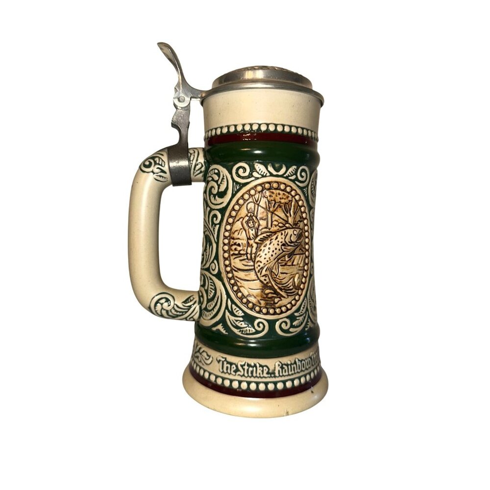 Vintage Avon 1978 Ceramic Stein With Pewter Lid Featuring Fisherman & Rainbow Tr